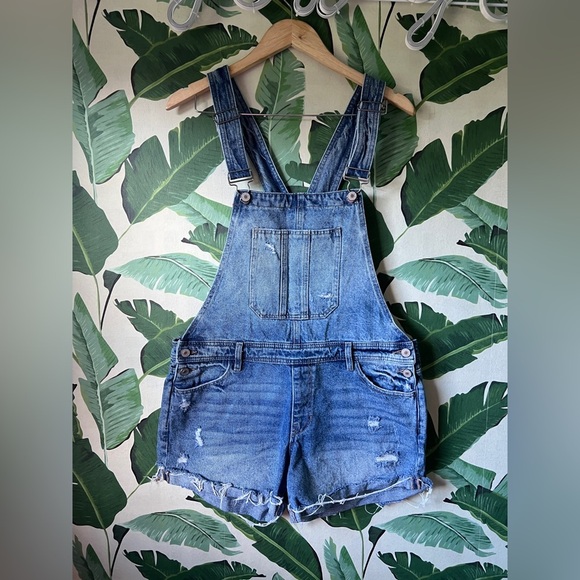 Kancan Denim Shortalls Distessed Overall Shorts Size L - Picture 1 of 6